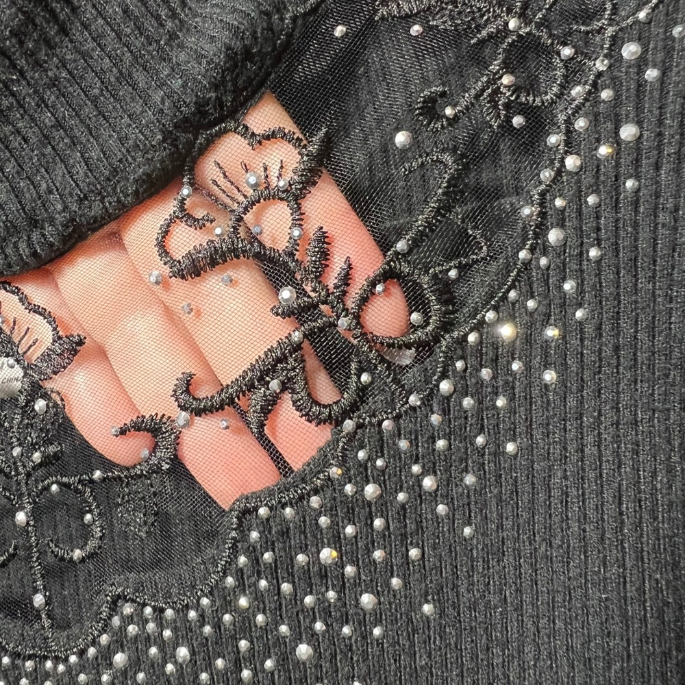 Vintage Y2K Black Ribbed Mock Neck Sweater Mesh Whimsigoth‎ M Embellished - Picture 3 of 8
